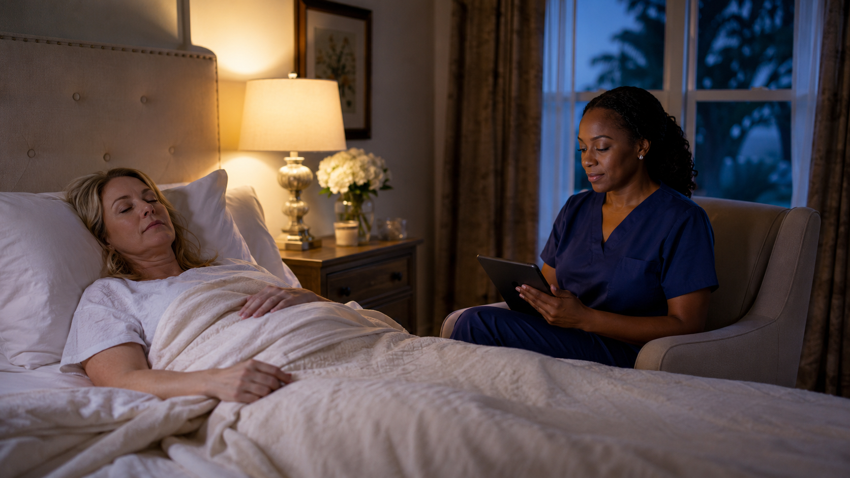 A nurse in navy scrubs sitting quietly with a tablet in a chair beside a patient sleeping in bed at night.