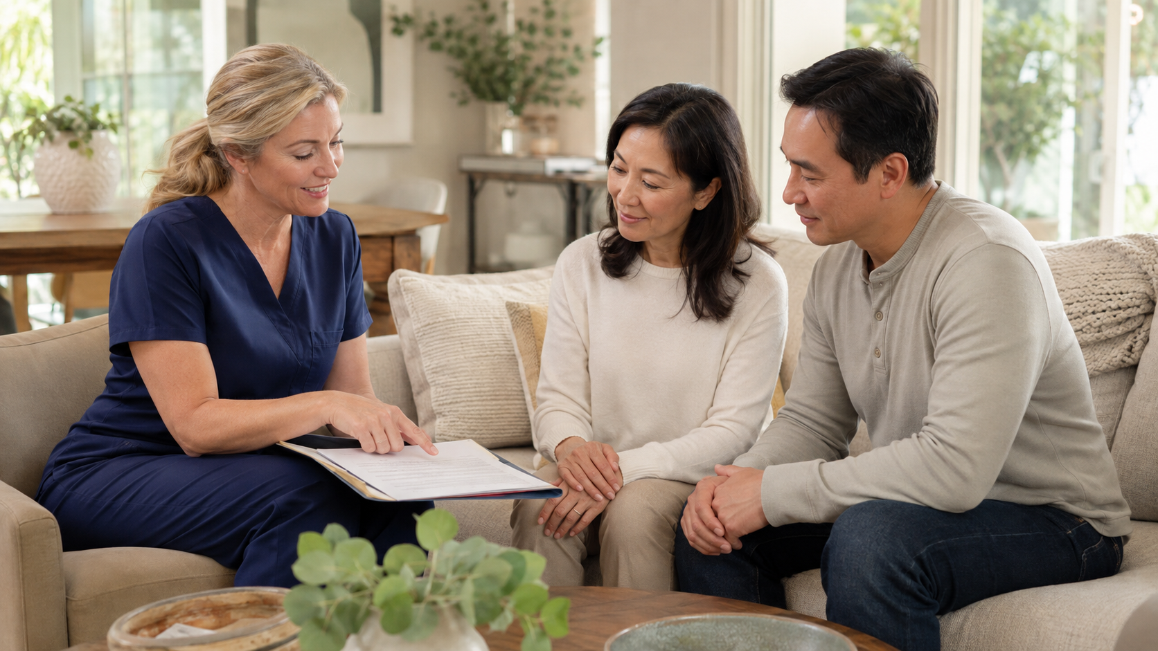 A nurse in navy scrubs reviewing a document with two family members seated together on a sofa in a bright living room.