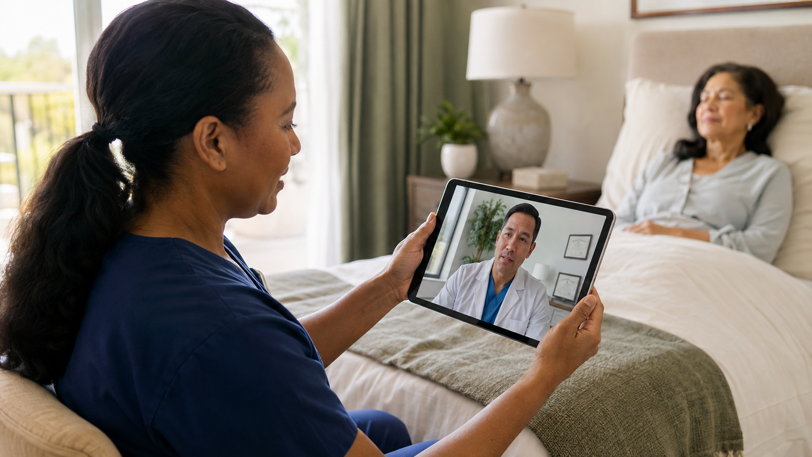 A private-duty nurse on a video call with the patient's treating physician on a tablet, reviewing recovery instructions while the patient rests in bed nearby.
