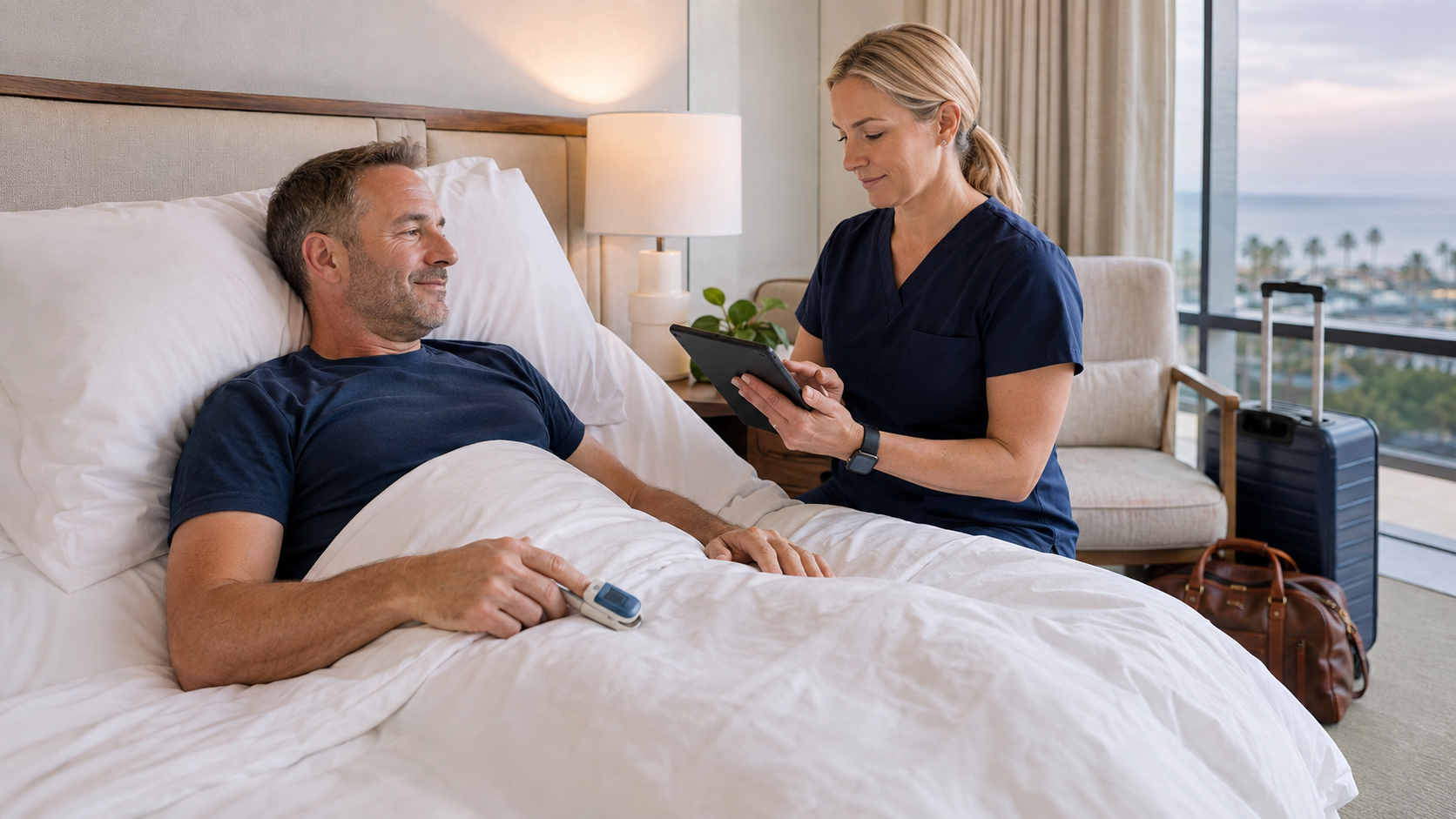 A nurse in navy scrubs reviewing a tablet beside a patient resting in bed in a hotel room, with luggage visible near the window.