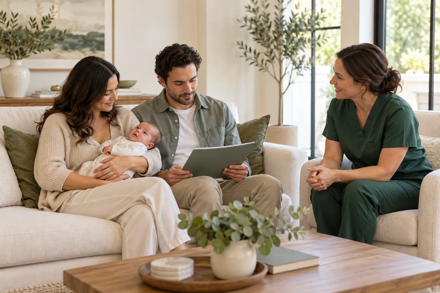 Illustration of a nurse talking with a mother and father seated on a couch while the mother cradles their baby.